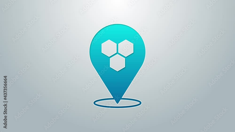 Blue line Honeycomb bee location map pin pointer icon isolated on grey background. Farm animal map pointer. 4K Video motion graphic animation
