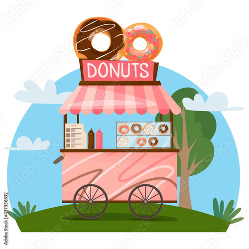 Fast food street donuts truck.  Fast food business seller kiosk. Donut fast food shop street cart city . For design, web, graphics and advertising. Vector illustration isolated on white background