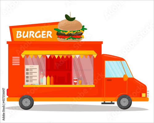 Fast food street hot burges.  Fast food business seller kiosk. Hamburgers fast food shop street van city . For design, web, graphics and advertising. Vector illustration isolated on white backgroun