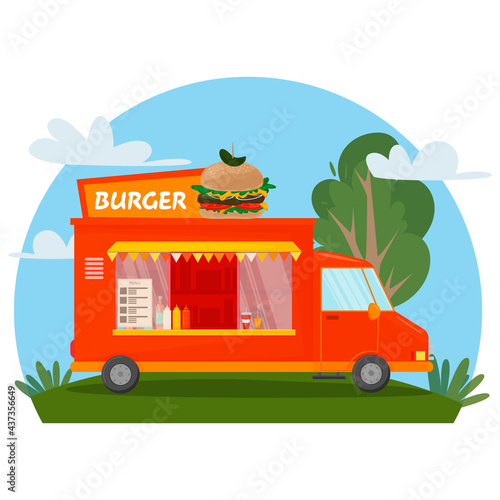 Fast food street hamburer bus. Food in the park in nature. Fast food business seller kiosk. Burger fast food shop street van city . For design, web, graphics and advertising. Vector illustration