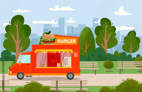 Fast food street hamburer bus. Food in the park in nature. Fast food business seller kiosk. Burger fast food shop street van city . For design, web, graphics and advertising. Vector illustration
