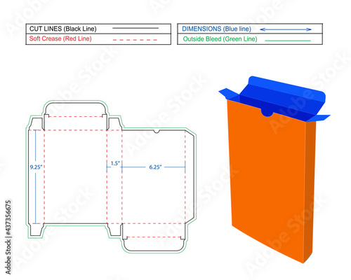 Book box 9 x 6 x 1.5 inch, resizable Reverse Tuck End book box Dieline template and 3D render box