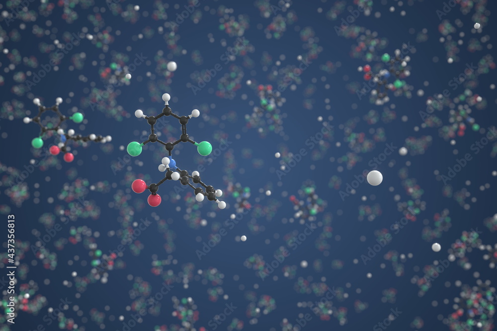 Diclofenac sodium molecule made with balls, scientific molecular model. Chemical 3d rendering Diclofenac sodium molecule made with balls, scientific molecular model. Chemical 3d rendering