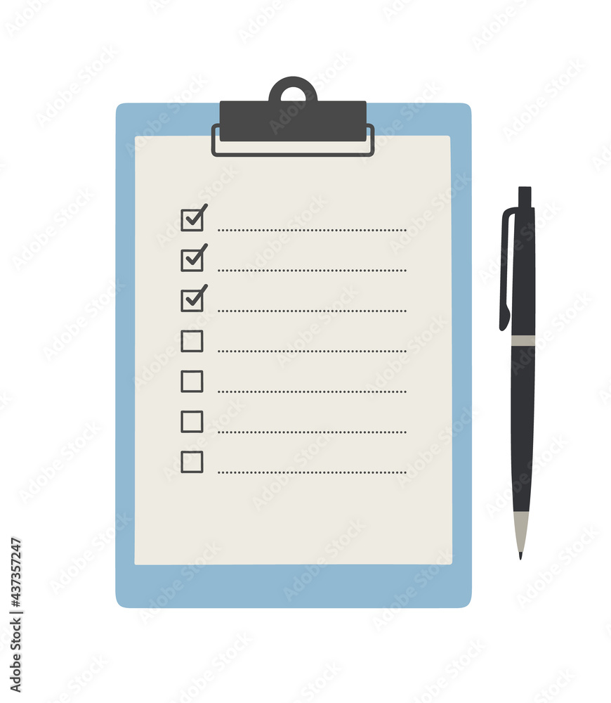 Vector illustration of clipboard paper with checklist, and pen, isolated on white. Hand-drawn set in flat style. Concept of planning, goals, to-do list, completion of tasks. Stationery. Vector illustration of clipboard paper with checklist, and pen, isolated on white. Hand-drawn set in flat style. Concept of planning, goals, to-do list, completion of tasks. Stationery.