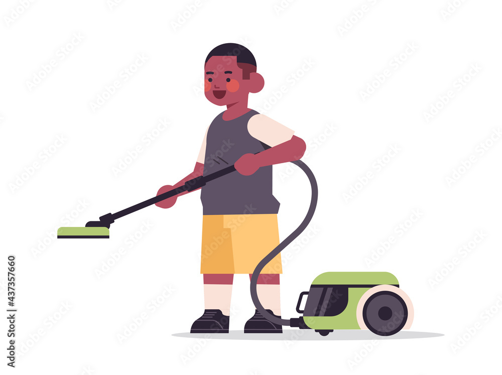 little african american boy using vacuum cleaner cleaning childhood concept full length horizontal little african american boy using vacuum cleaner cleaning childhood concept full length horizontal