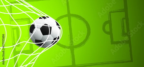 Ball in goal. Soccer border on green football eco grass field. Vector stadium, supporters background banner Template, play model. Sport finale or school, sports game cup. Street ball games. 2021