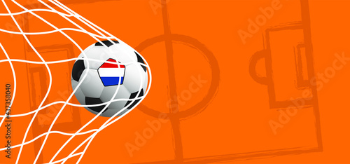 Ball in goal with the flag of the Netherlands. Soccer on green football grass field. Vector background banner. wk, ek play model. Sport finale or school, sports game cup. Street ball games. 2021