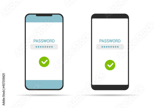 Simple flat design illustration of mobile phone with touch screen and successful security password entry, vector