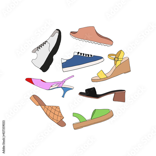 Card with different types of modern trendy women shoes on white background. Fashionable and stylish shoes concept. Colored flat vector illustration for web design