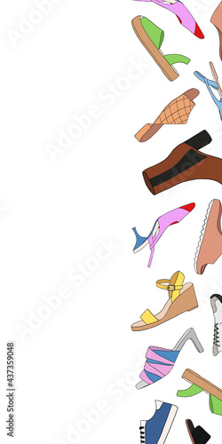 Vertical web banner with different types of modern trendy women shoes and empty space on white background. Fashionable and stylish shoes concept. Colored flat vector illustration