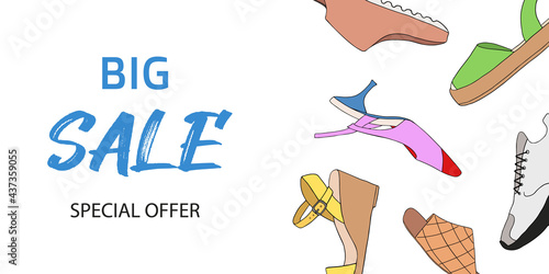 Web banner with different types of modern trendy women shoes and Text on white background. Fashionable and stylish shoes concept. Colored flat vector illustration
