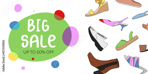 Web banner with different types of modern trendy women shoes and Text on white background. Fashionable and stylish shoes concept. Colored flat vector illustration