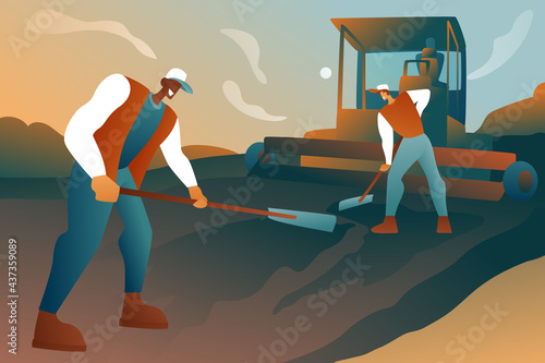 Male pavers in uniform are working on the road. The guys are leveling the asphalt against the background of the abstract city and sky. Asphalt paver. Roadworks concept.
