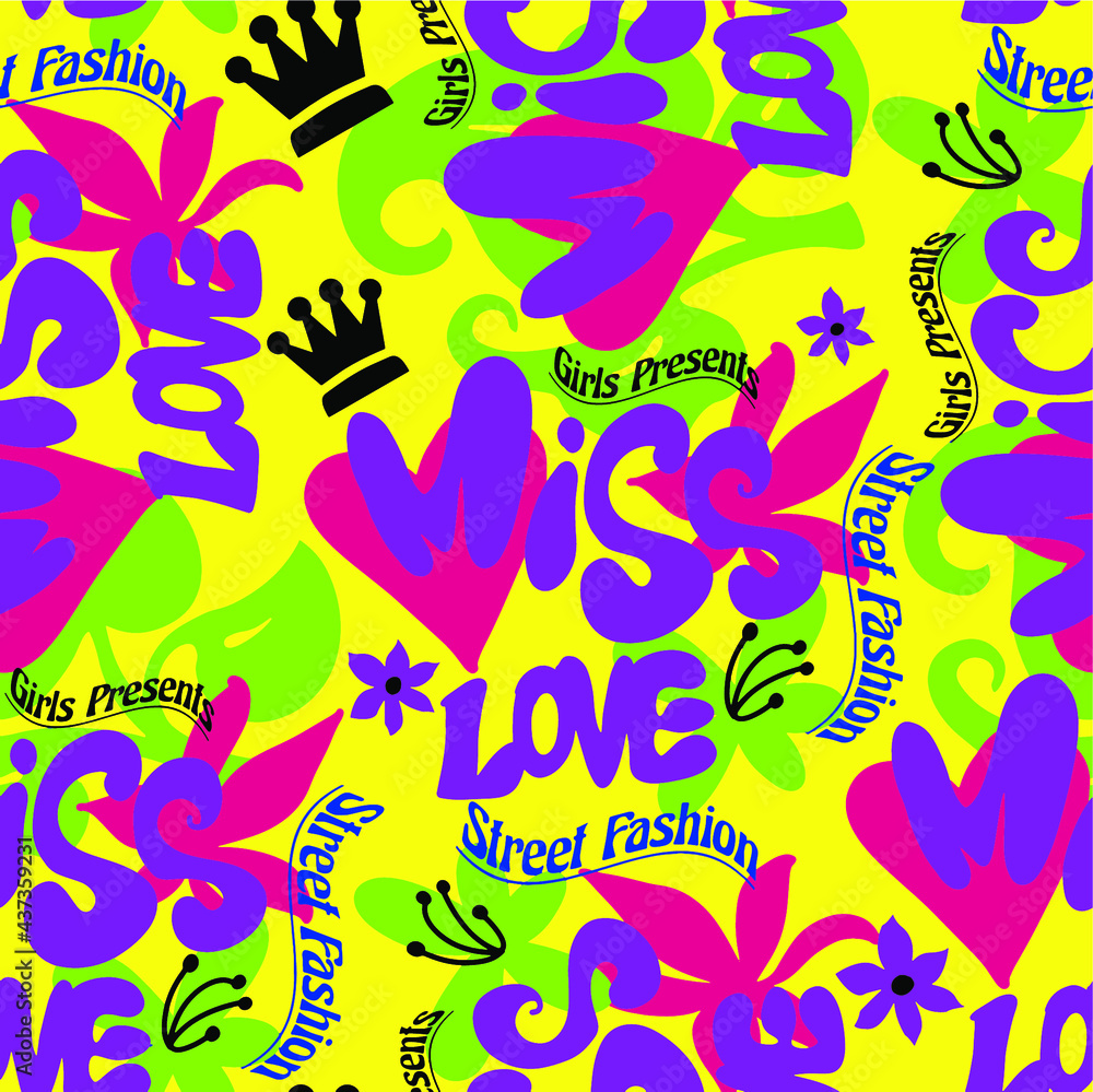 Abstract Hand Drawing Slogans Words Hearts and Flowers Graffiti Seamless Vector Pattern Isolated Background
