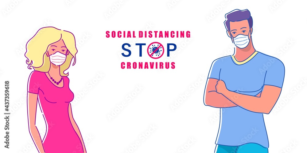 Social distance rule. Male and female with medical masks. Precautions against covid-19. Social distance rule. Male and female with medical masks. Precautions against covid-19.