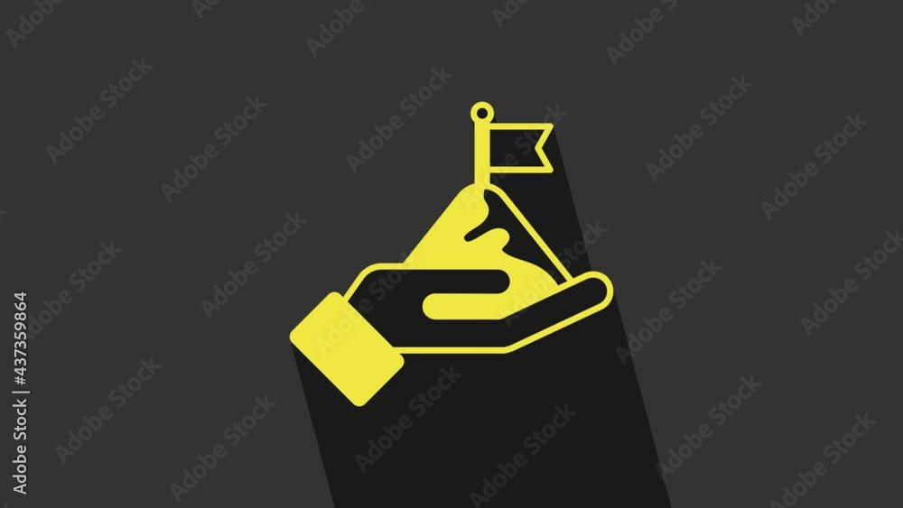 Yellow Mountains with flag on top icon isolated on grey background. Symbol of victory or success concept. Goal achievement. 4K Video motion graphic animation Yellow Mountains with flag on top icon isolated on grey background. Symbol of victory or success concept. Goal achievement. 4K Video motion graphic animation