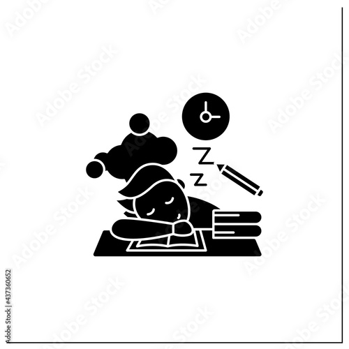 School procrastinating glyph icon.Unnecessarily postpone dealing tasks. Sleep at lesson. Tired person.Overload concept.Filled flat sign. Isolated silhouette vector illustration