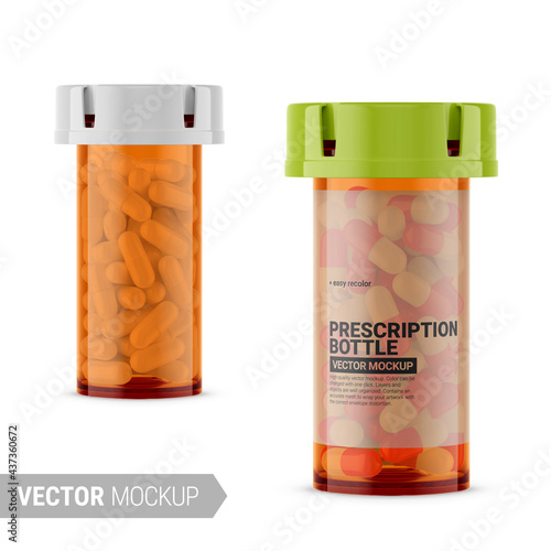 Orange transparent prescription bottle mockup. Vector illustration.