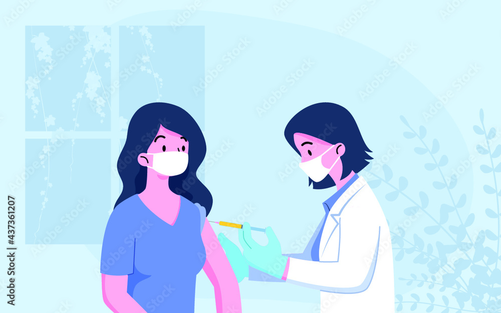 Obraz premium The doctor give injection to a patient. Coronavirus vaccination, medical doctor wear surgery mask process of immunization against covid-19. Vector medical protection concept.