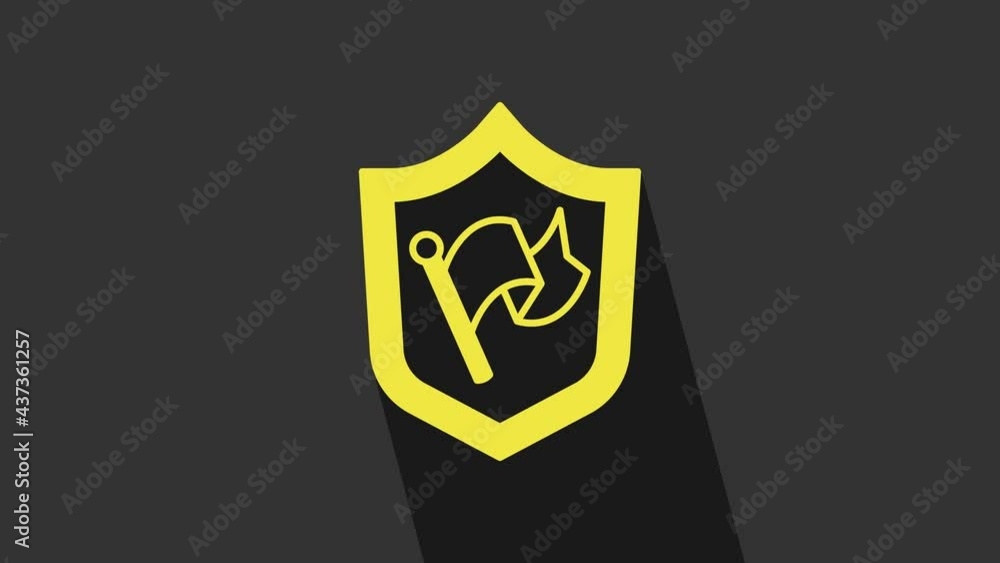 Yellow Shield with flag icon isolated on grey background. Victory, winning and conquer adversity concept. 4K Video motion graphic animation Yellow Shield with flag icon isolated on grey background. Victory, winning and conquer adversity concept. 4K Video motion graphic animation