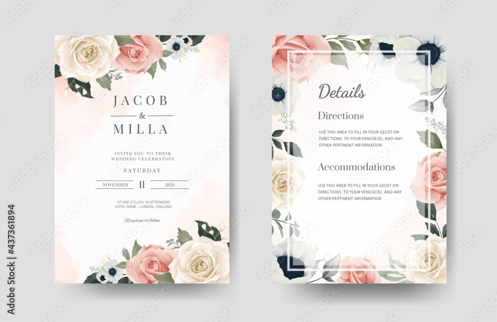 Wedding invitation watercolor flower card set template. White and pink ...