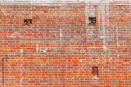 Old Red Brick Wall with Lots of Texture surface backdrop copy space. Horizontal seamless texture