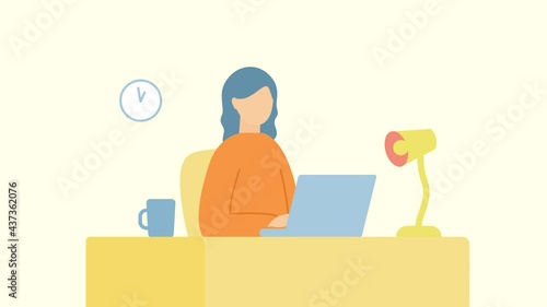 デスクワーク中の女性のアニメーション動画　仕事　ビジネス　パソコン　リモートワーク　PC　働く