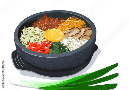 Bibimbap or bi bim bop Korean food in stone pot , rice mixing with various ingredients in stone bowl vector illustration. Isolated bibimbapon white background  . 