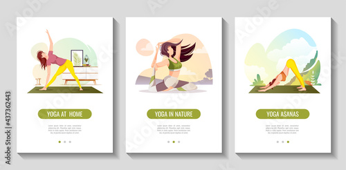 Set of banners with women doing yoga exercises. Yoga in nature, wellness, healthy lifestyle, sport, yoga at home, asanas, flexibility, fitness concept. Vector illustration for poster, banner, flyer.