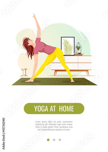 Woman doing yoga exercises. Yoga at home, wellness, healthy lifestyle, sport, asanas, flexibility, fitness concept. A4 vector illustration for poster, banner, flyer, promo.