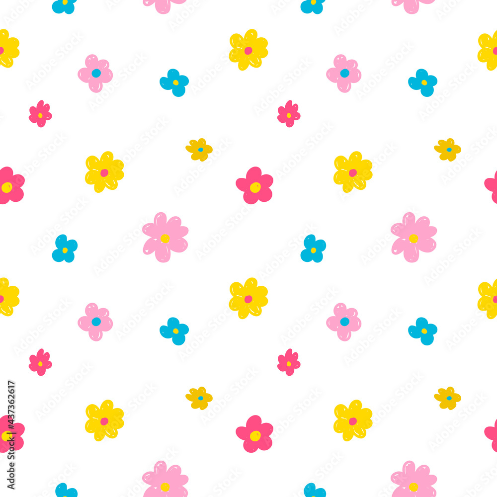 Vector seamless pattern with cute bright cartoon doodle-style flowers on a white background. Children's illustration for postcards, pajamas, fabrics