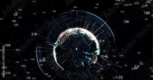 Compostion of globe of network of connections on black background
