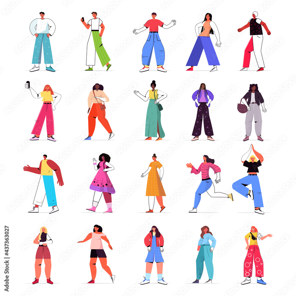 set mix race people in casual trendy clothes female male cartoon characters collection full length set mix race people in casual trendy clothes female male cartoon characters collection full length