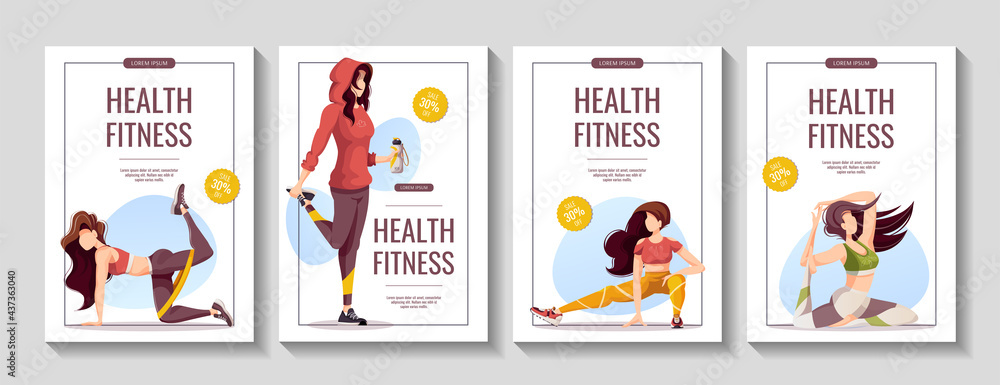 Set of promo banners with women doing fitness workout. Sport, Workout, Healthy lifestyle, Gym, Fitness, Flexibility, Training, yoga concept. A4 vector illustration for poster, banner, flyer, sale.