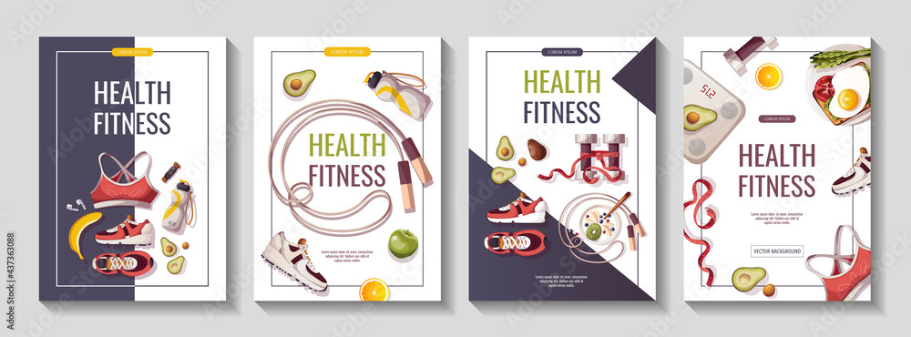 Set of flyers for Healthy lifestyle, natural food, motivation, sport equipment, fitness training, sportswear, workout. A4 vector illustration for poster, banner, flyer, special offer, advertising.