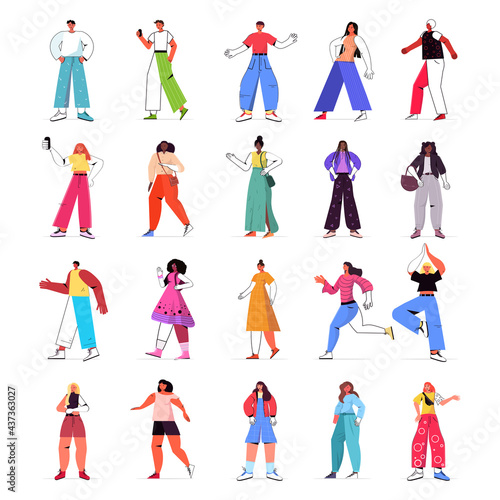 set mix race people in casual trendy clothes female male cartoon characters collection full length