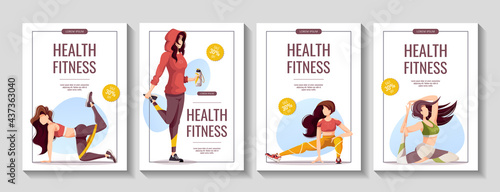 Set of promo banners with women doing fitness workout. Sport, Workout, Healthy lifestyle, Gym, Fitness, Flexibility, Training, yoga concept. A4 vector illustration for poster, banner, flyer, sale.