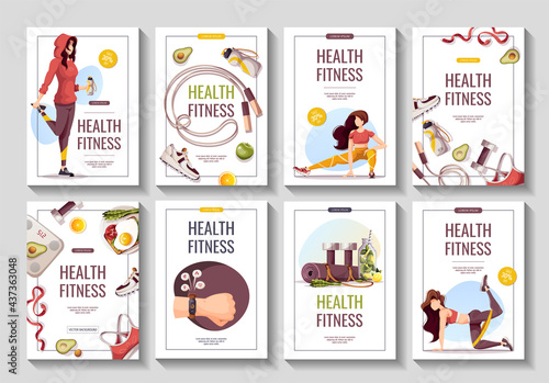 Set of flyers for healthy lifestyle, natural food, motivation, sport equipment, fitness training, sports shop, gym, workout. A4 vector illustration for poster, banner, special offer, advertising.