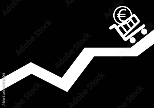 Inflación. Subida de los precios en la cesta de la compra. Gráfico con carro de la compra y moneda de euro