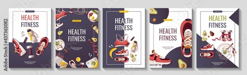 Set of flyers for Healthy lifestyle, natural food, motivation, sport equipment, fitness training, sportswear, workout. A4 vector illustration for poster, banner, flyer, special offer, advertising.