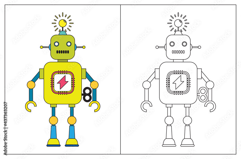 Funny robot cartoon, coloring book or page. Vector illustration.