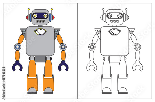 Funny robot cartoon, coloring book or page. Vector illustration.