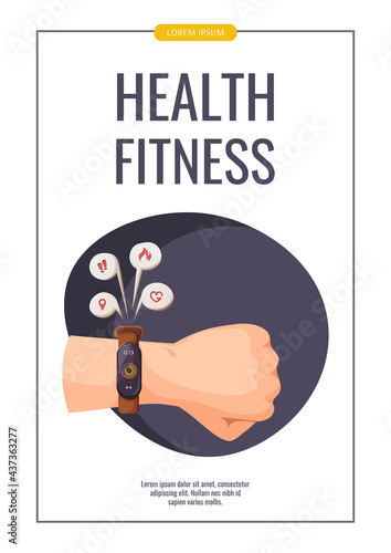 Promo flyer with Fitness watches on the left wrist. Healthy lifestyle, motivation, sport equipment, fitness,  sports gadget concept. A4 vector illustration for poster, banner, website, advertising.
