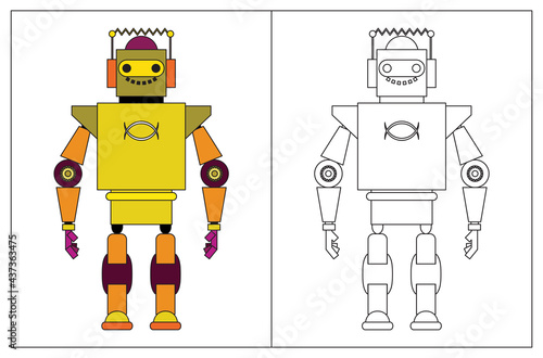Funny robot cartoon, coloring book or page. Vector illustration.