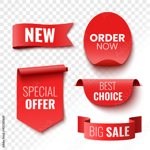 Best choice, order now, special offer, new and big sale banners. Red ribbons, tags and stickers. Vector illustration.