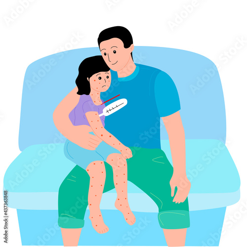 The girl has chickenpox and she is sitting in her father's arms.