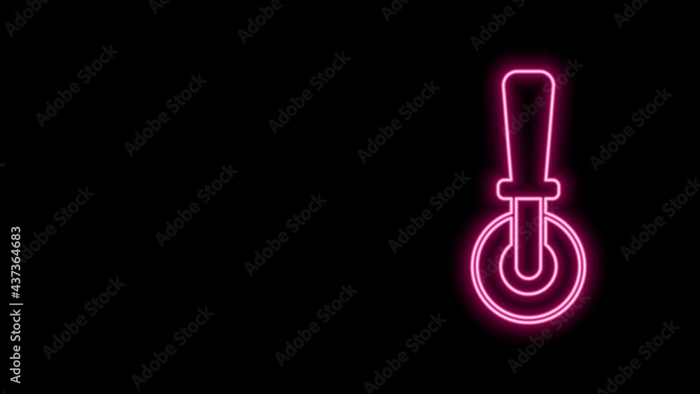 Glowing neon line Pizza knife icon isolated on black background. Pizza cutter sign. Steel kitchenware equipment. 4K Video motion graphic animation Glowing neon line Pizza knife icon isolated on black background. Pizza cutter sign. Steel kitchenware equipment. 4K Video motion graphic animation