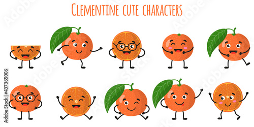 Clementine citrus fruit cute funny cheerful characters with different poses and emotions.