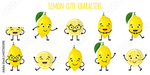 Lemon citrus fruit cute funny cheerful characters with different poses and emotions.