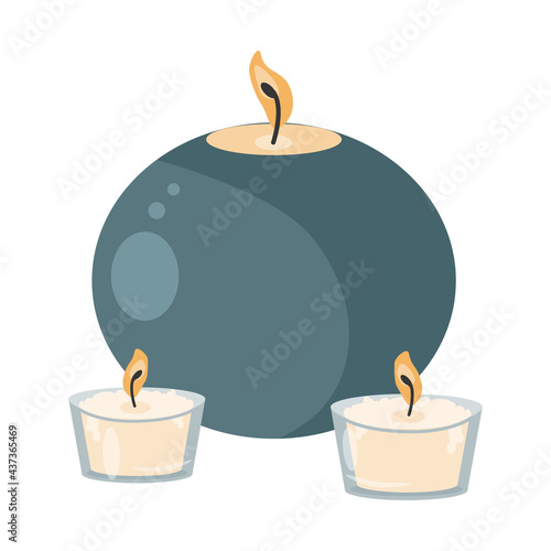 Three burning candles for spa and relaxation. Vector flat illustration